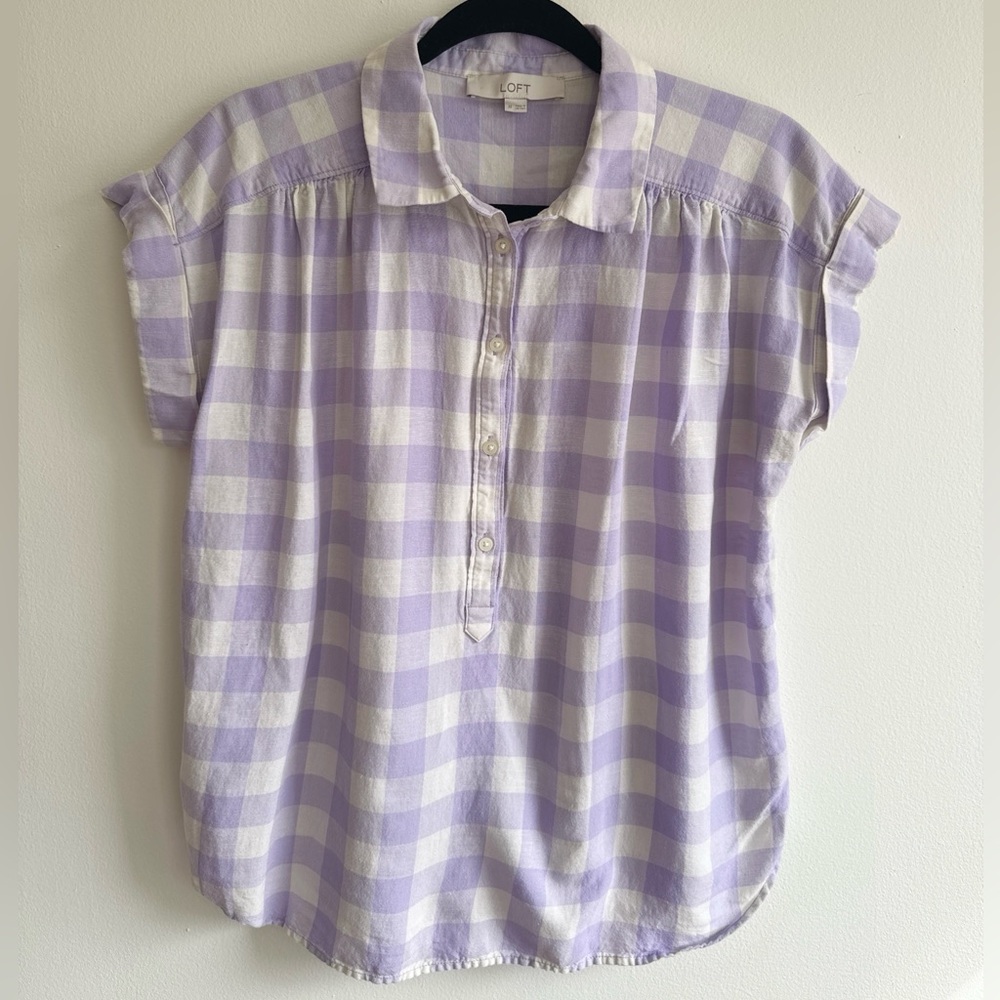 Loft Lavender Gingham Button Front Blouse Ruffle … - image 1